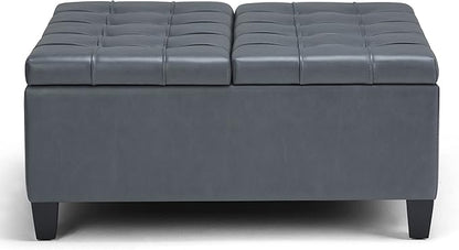 SIMPLIHOME Harrison 36 inch Wide Transitional Square Coffee Table Storage Ottoman in Stone Grey Vegan Faux Leather, Assembled, for the Living Room and Bedroom