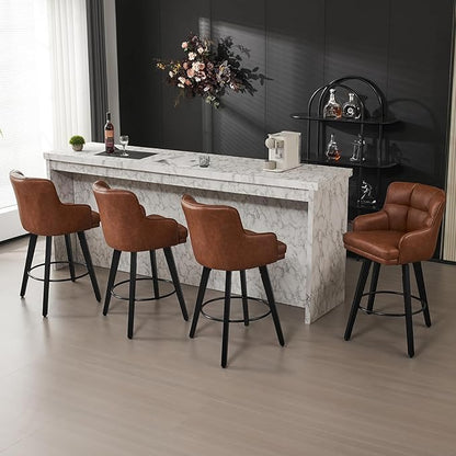 360°Swivel Counter Height Bar Stools with Back, 30 inch Solid Wood Legs, Bar Stool Modern Kitchen Island Chairs, Faux Leather (Brown- Faux Leather, 30" H- Set of 3)