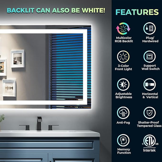 72x40 Inch RGB LED Bathroom Mirror Front Light and RGB Backlit Lighted Vanity Mirror for Bathroom Wall Mounted Dimmable Anti Fog Memory Shatter-Proof IP54 Waterproof Horizontal/Vertical