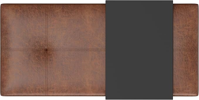 SIMPLIHOME Oregon 42 inch Wide Transitional Rectangle Storage Ottoman Bench with Tray in Distressed Saddle Brown Vegan Faux Leather, Assembled, For the Living Room, Entryway and Family Room