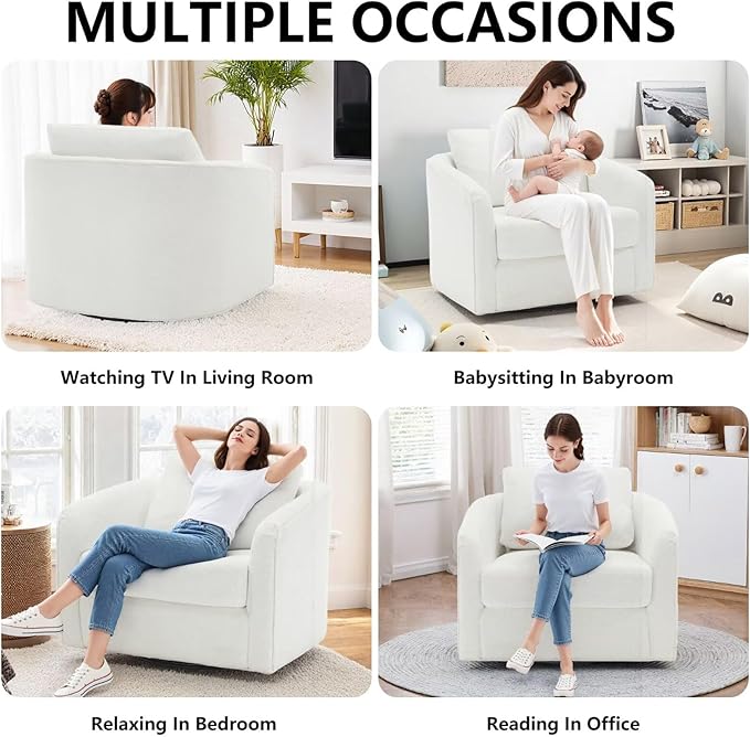MINCETA Accent Chairs Set of 2, 360° Swivel Barrel Chair with High Density Foam, Oversized Reading Chair with Sherpa Teddy Upholstered Armchair for Living Room, Bedroom, Apartment White