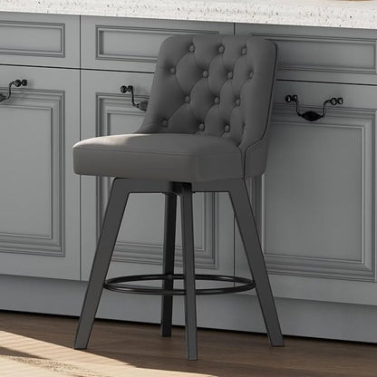 MINCETA Bar Stool, PU Leather Barstool, 26 Inch Upholstered Counter Stool with Low Tufted Back and Footrest, Swivel Counter Height Barstool for Kitchen Island Home Bar Dark Gray