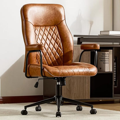 Leather Home Office Desk Chairs, Comfy Office Chair, Mid Century Modern Office Chair with Lumbar Support, Mid-Back Adjustable Swivel Computer Chair with Wheels and Arms, Brown
