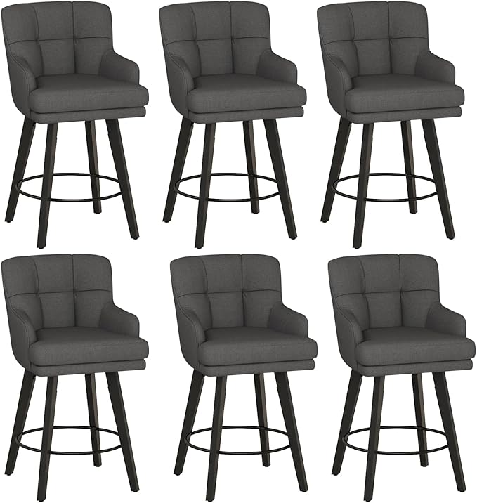 360°Swivel Counter Height Bar Stools with Back, 26 inch Solid Wood Legs, Bar Stool Modern Kitchen Island Chairs, Fabric (Black Grey- Fabric, 26" H- Set of 6)