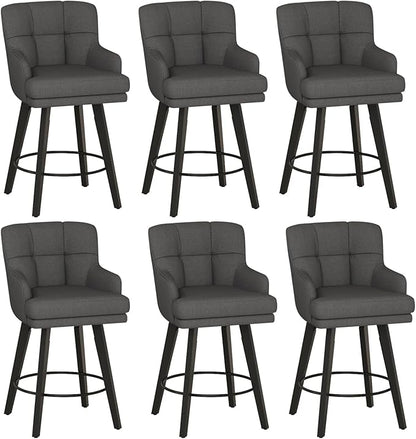 360°Swivel Counter Height Bar Stools with Back, 26 inch Solid Wood Legs, Bar Stool Modern Kitchen Island Chairs, Fabric (Black Grey- Fabric, 26" H- Set of 6)