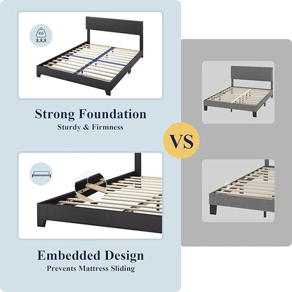 Allewie Queen Bed Frame with Adjustable Headboard, Faux Leather Platform Bed with Wood Slats, Heavy Duty Mattress Foundation, No Box Spring Needed, Noise-Free, Easy Assembly, Black