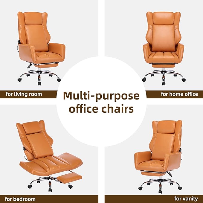 DYHOME Orange Leather Office Chair with Massage and Footrest, Heavy Duty Task Desk Chairs, Swivel Ergonomic Computer Gaming Chairs with Lumbar Support, Wheels Flip-up Arms Adjustable Height