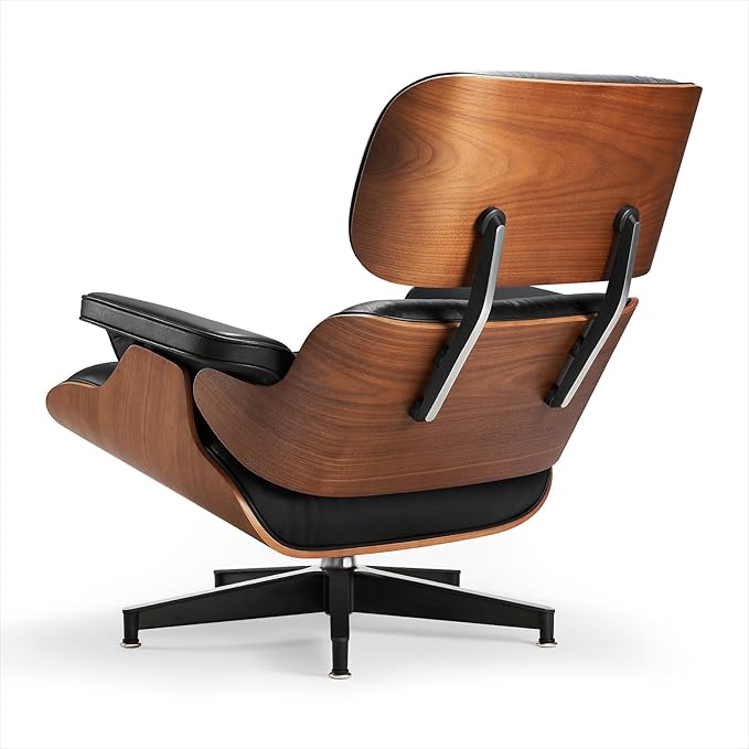 Top Black Grain Leather, Mid Century Chaise Lounge Chair and Ottoman, Leather Accent Chair, Modern Chair, Classic Design, Heavy Duty Base Support for Living Room Lounge Office, Walnut, Heightening