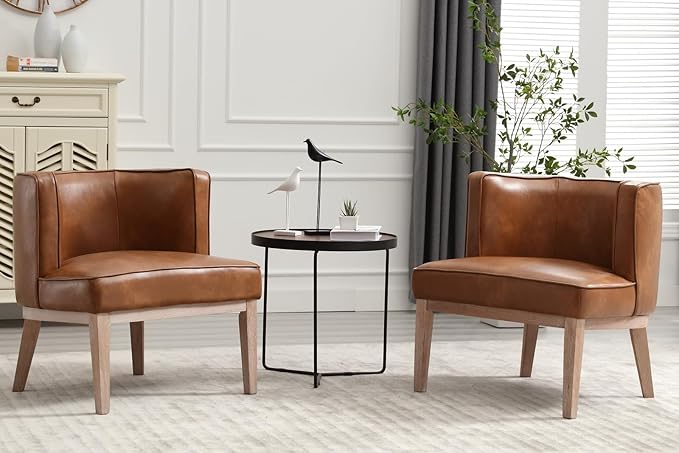 Set of 2 Arm Accent Chair Barrel Accent Chair with Wood Legs, Brown Leather Comfy Barrel Round Side Chair Upholstered Reading Chairs with Back for Living Room Bedroom Living Room Chair, Brown