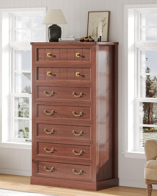 AOGLLATI Farmhouse Dresser with 7 Drawers, 58.7”Tall Wooden Rustic Chest of Drawers with Natural Texture, Vintage Design, Bedroom Dressers with Drawers for Bedroom, Oak Brown