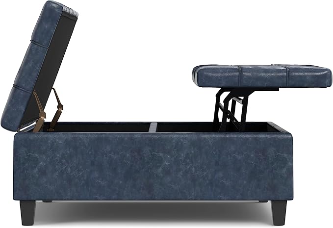 SIMPLIHOME Harrison 40 inch Wide Transitional Square Large Coffee Table Storage Ottoman in Denim Blue Vegan Faux Leather, Assembled, for The Living Room and Bedroom