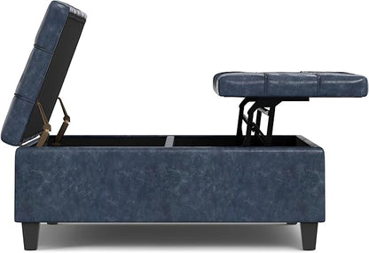 SIMPLIHOME Harrison 40 inch Wide Transitional Square Large Coffee Table Storage Ottoman in Denim Blue Vegan Faux Leather, Assembled, for The Living Room and Bedroom