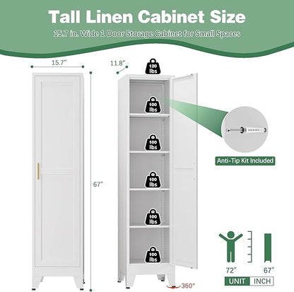Tall Bathroom Storage Cabinet, 67" Narrow Metal Storage Cabinets, Freestanding Tall Linen Cabinet, Slim Kitchen Pantry Cabinets with Shelves