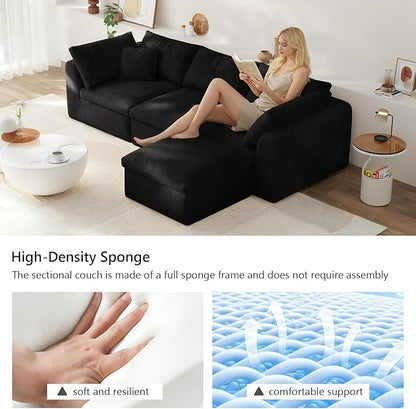 108" Boneless Cloud Couch Modular Sectional Sofa with Deep Seat for Living Room, L Shape Couch with Ottoman, Snowflake Cloth and 40D Memory Sponge，2 Throw Pillows (Black, 3 Seater+1 Ottoman)