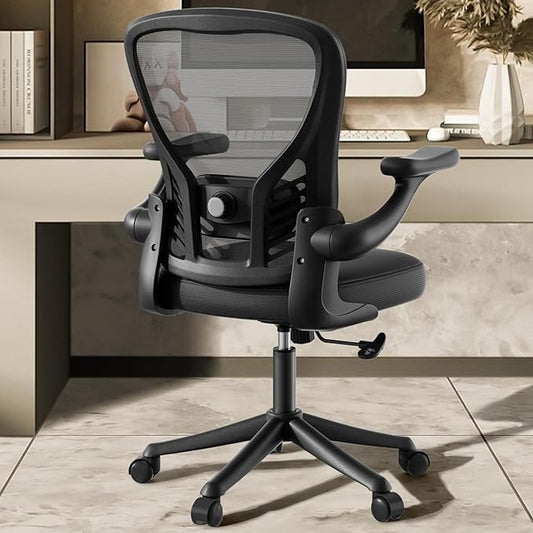 Computer Desk Chair with Wheels, Mesh Office Chair with Flip Up Arms, Adjustable Lumbar Support, Swivel Desk Chair Comfy, Black