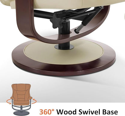 MCombo Oversized Swivel Recliner Chair with Ottoman, Adjustable Backrest, 360° Wood Base, High Seat, Faux Leather Lounge Chair for Tall Users in Living Room Office 4651 (Cream White)