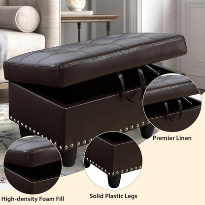 Faux Leather Storage Ottoman with Nailhead Trim, 28.5"X19.5"X17.5" Footrest Stool, Hidden Storage Foot Stool for Living Room, Bedroom Furniture, Red-Brown