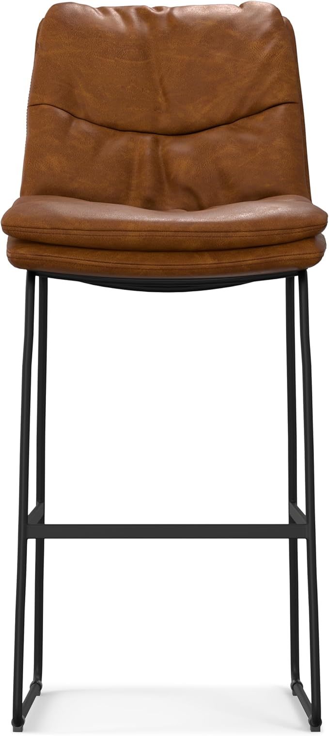 SIMPLIHOME Danika Bar Stools (Set of 2) - 29 inch Seat Height Upholstered Metal Chairs in Camel Brown Vegan Faux Leather, Mid Century Seating for Kitchen or Bar with Tufted Pillow-Top Seat