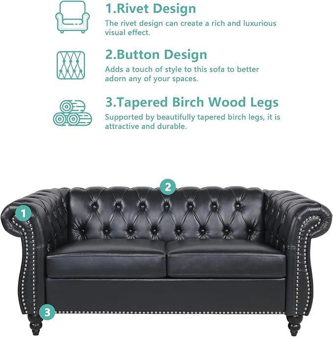 Loveseat Sofa Couch, Modern PU Leather Upholstered Sofa, Oversized Comfy 2 Seater Love Seat Couch with Cushions, Mid Century Tufted Chesterfield Sofa for Living Room, Bedroom, Apartment (Black)