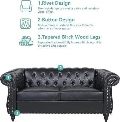 Loveseat Sofa Couch, Modern PU Leather Upholstered Sofa, Oversized Comfy 2 Seater Love Seat Couch with Cushions, Mid Century Tufted Chesterfield Sofa for Living Room, Bedroom, Apartment (Black)