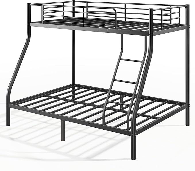 Bunk Beds Twin Over Full Size, Heavy Duty Metal Bunk Bed Frame with Angled Ladder for Teens and Adults, for Spaces-Saving, Smooth Rounded Edges, Noise Free & Easy Assembly, Black