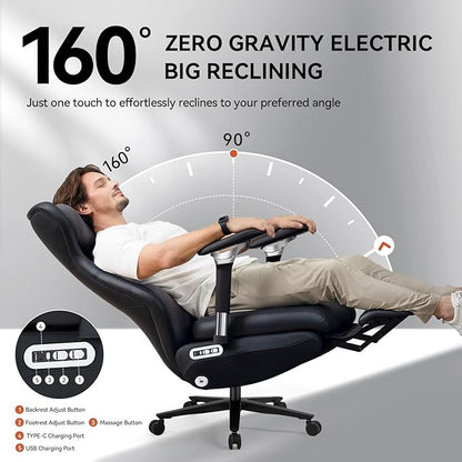 EMIAH Ergonomic Office Chair with Foot Rest Electric Reclining Office Chair with Adjustable Headrest, 8D Coordinated Armrests High Back Computer Chair with Lumbar Support,Sustainable Leather(Black)