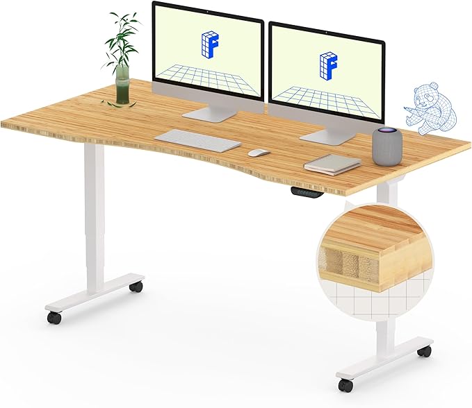 FLEXISPOT E6 MAX Bamboo 55x28 Inch Dual Motor 3-Stage Heavy Duty Standing Desk, 330lbs Weight Capacity, Height Adjustable Desk w/Cable Management & Wheels (Solid Bamboo Curved Desktop + White Frame)