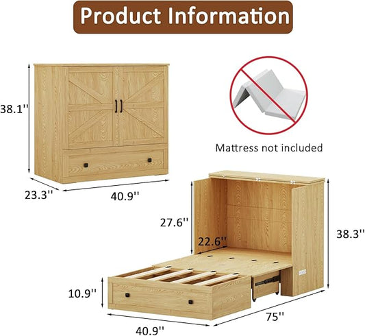 Murphy Bed with Built-in Charging Station, Space-Saving Murphy Bed Chest Twin with Drawer, Foldable, for Home Office Guest Room Bedroom,Natural