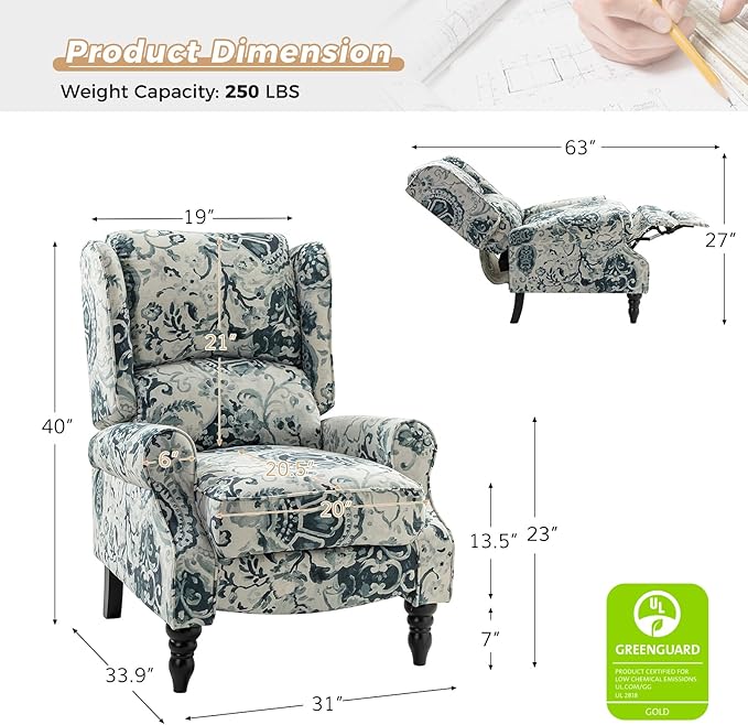 HULALA HOME Upholstered Wingback Recliner Chair, Small Adjustable Footrest Push Back Single Reclining Sofa, Mid Century Modern Lounge Armchair for Living Room, Bedroom, Reading/Floral