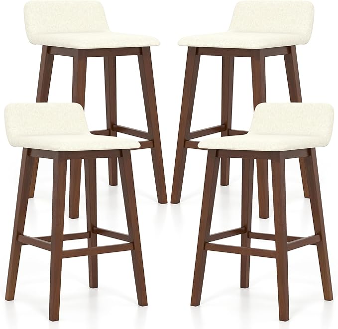 COSTWAY Wooden Bar Stools Set of 4, 29-inch Height Upholstered Padded Seat, Low Backrest, Footrest, Rubber Wood Legs, Armless Bar Chairs for Kitchen Counter Island, Dining Room, Brown+Beige