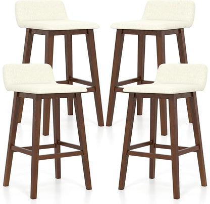 COSTWAY Wooden Bar Stools Set of 4, 29-inch Height Upholstered Padded Seat, Low Backrest, Footrest, Rubber Wood Legs, Armless Bar Chairs for Kitchen Counter Island, Dining Room, Brown+Beige