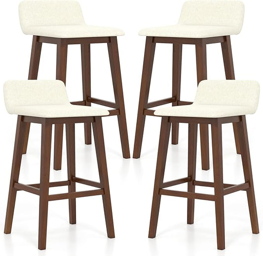 COSTWAY Wooden Bar Stools Set of 4, 29-inch Height Upholstered Padded Seat, Low Backrest, Footrest, Rubber Wood Legs, Armless Bar Chairs for Kitchen Counter Island, Dining Room, Brown+Beige
