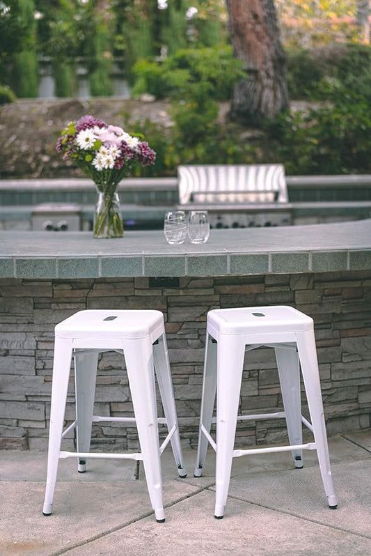 Vogue Furniture Direct 24" Bar Stools White Backless Metal Barstools Indoor-Outdoor Counter Height Stools with Square Seat, Set of 4 - VF1571004-4
