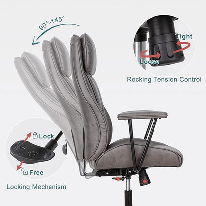 High Back Office Desk Chair,Ergonomic Reclining Office Chair,Modern Swivel Computer Chair,Conference Room Chairs,Grey Leather Chair with Lumbar Support,330lbs