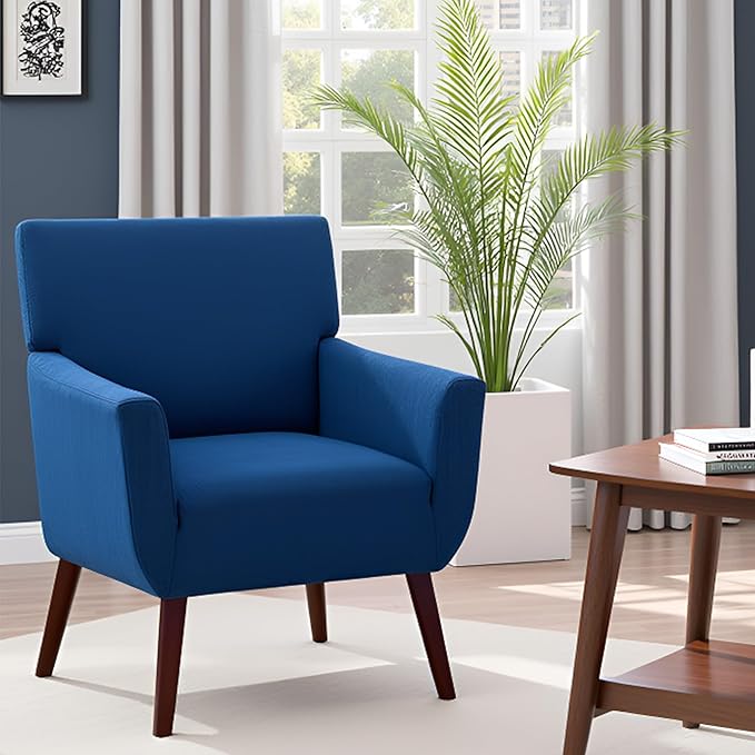 Upholstered Accent Chair,Mid Century Modern Office Fabric Small Living Room Chair with Arm,Comfy Wingback Armchair for Bedroom Reading Dark Blue