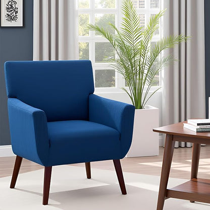 Upholstered Accent Chair,Mid Century Modern Office Fabric Small Living Room Chair with Arm,Comfy Wingback Armchair for Bedroom Reading Dark Blue