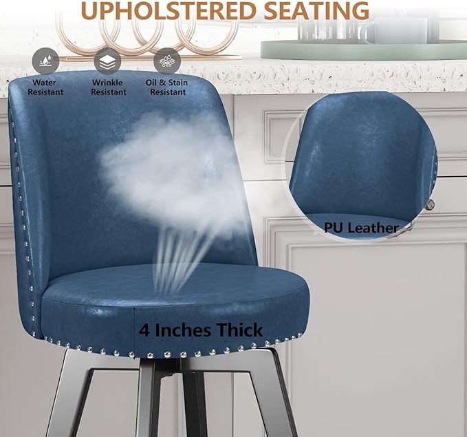 MINCETA Bar Stools Set of 3, PU Leather Barstools, 26 Inch Upholstered Counter Stools with High Back and Footrest, Swivel Counter Height Barstools for Kitchen Island Home Bar Navy Blue