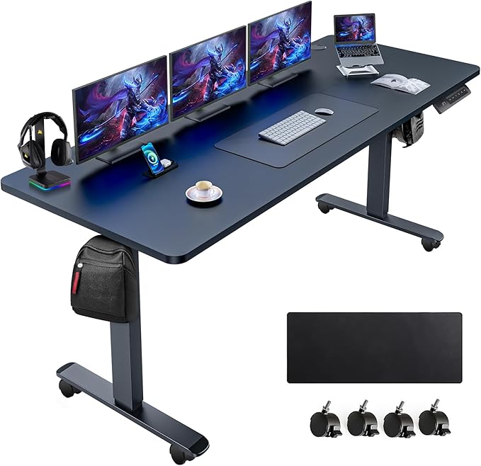 farexon Large Electric Standing Desk 63x24 Inch, Dual-Beam Frame Height Adjustable Computer Desk with Lockable Wheels & Mouse Pad, Multifunctional Sit Stand Desk for Home Office – Black