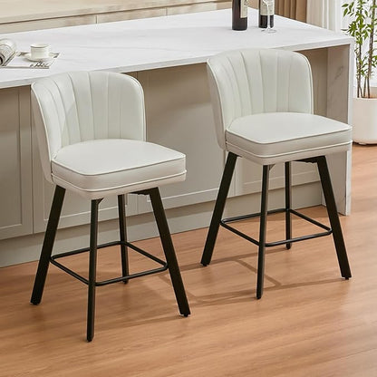 Swivel Counter Height Bar Stools Set of 4, 26'' Modern Barstools with Backs and Metal Legs, Upholstered Bar Chairs, Faux Leather White Stools for Kitchen Island Chairs