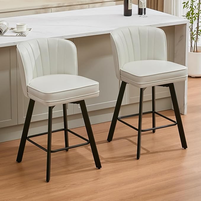 Swivel Counter Height Bar Stools Set of 3, 26'' Modern Barstools with Backs and Metal Legs, Upholstered Bar Chairs, Faux Leather White Stools for Kitchen Island Chairs