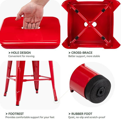 Vogue Furniture Direct 24 Inch Metal Bar Stools, Backless Counter Height Barstools, Indoor Outdoor Stackable Stools with Square Seat, Set of 2 (Red)