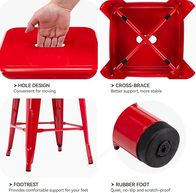 Vogue Furniture Direct 24" High Bar Stools Backless Red Metal Barstools Indoor-Outdoor Counter Height Stools with Square Seat, Set of 4
