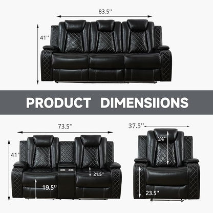 Power Recliner Sofa Set with LED, Black Leather Reclining Living Room Sofa, Muti-Functional Recliner Sofa and Couch with Storage Console/Cup Holders/USB Ports