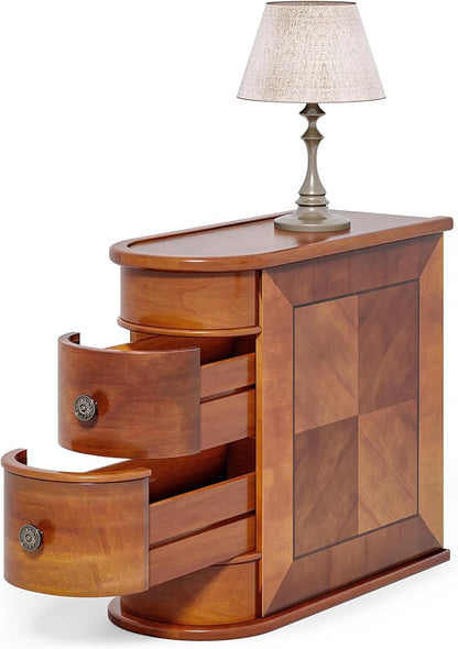 LITTLE TREE Wood End Table with 2 Drawers Sofa Side Table, No Assembly Required Vintage Slim Nightstand Bedside Table for Bedroom
