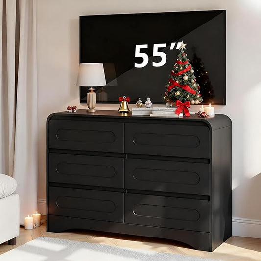 Black Dresser, Modern 6 Drawers Dressers & Chest of Drawers with Pre-installed Slide&Curved Profile Design, 47" Wide Wood Closet Clothes Storage Dressers Organizer for Bedroom Living Room Hallway