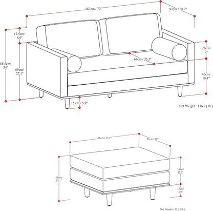 SIMPLIHOME Morrison Mid-Century Modern 72 inch Wide Sofa with Ottoman Set in Caramel Brown Genuine Leather for the Living Room and Family Room