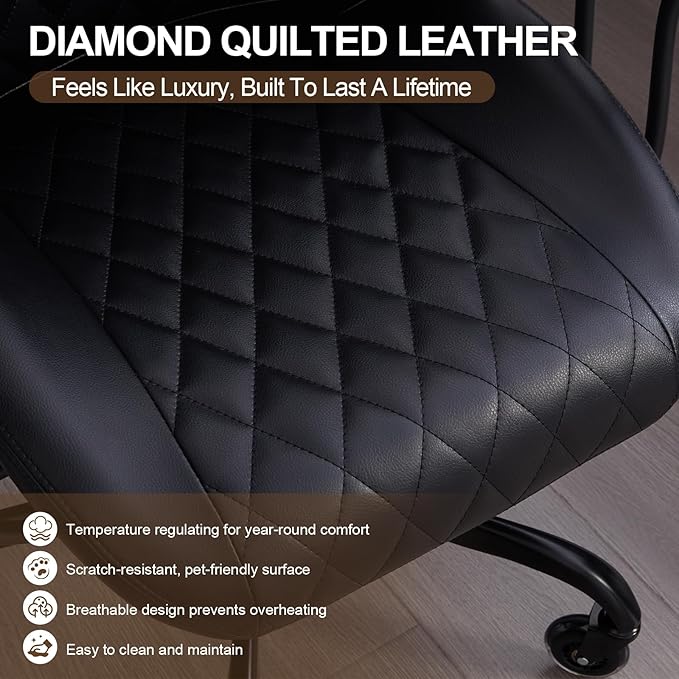 Home Office Desk Chair, Ergonomic High Back Leather Computer Chair with Lumbar Support, Adjustable Height & Recline, Swivel Executive Office Chair with Armrests and Rubber Casters, Black