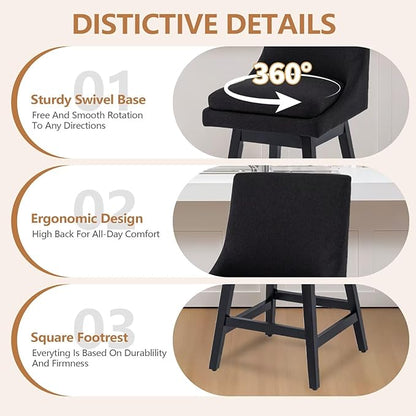 Bar Stools Set of 4, 26 Inch Upholstered Barstools with 14.2" High Back and Footrest, Swivel Counter Height Barstools for Kitchen Island Home Bar Performance Fabric Black