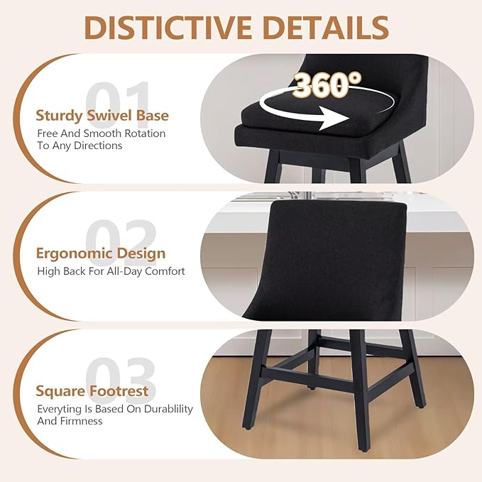 Bar Stool, 26 Inch Upholstered Barstools with 14.2" High Back and Footrest, Swivel Counter Height Barstools for Kitchen Island Home Bar Performance Fabric Black