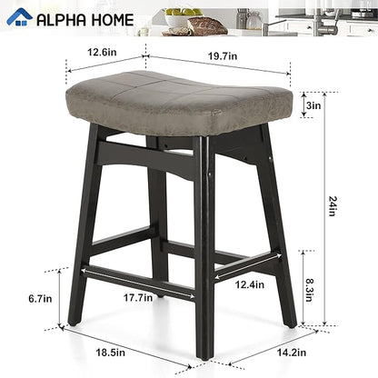 ALPHA HOME Bar Stool, Solid Wood Saddle Kitchen Stool with Grey PU Leather Cushion Counter Height Barstool with Wooden Base for Kitchen Dining Cafe, 24 Inch, Grey, 1PC